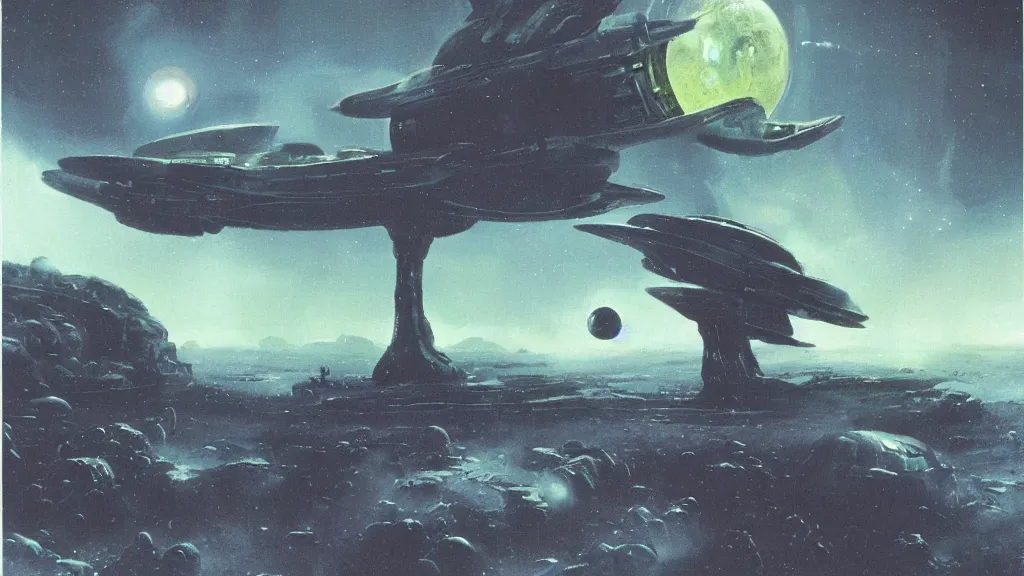 Image similar to eerie atmospheric alien planet with a small dropship pod landing by paul lehr and jack gaughan and john schoenherr, epic cinematic matte painting