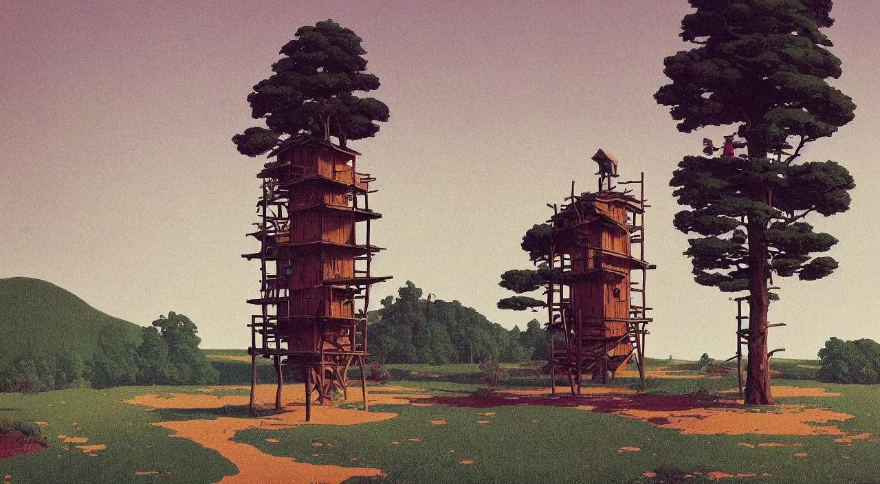 Image similar to single flooded simple wooden bush tower, very coherent and colorful high contrast!! masterpiece by rene magritte simon stalenhag carl spitzweg syd mead norman rockwell edward hopper james gilleard, minimalist, dark shadows, sunny day, hard lighting
