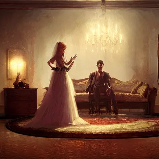 Prompt: Consummating the marriage, darkened room, vintage colors, elegant interior, by Greg Rutkowski and artgerm, high detail