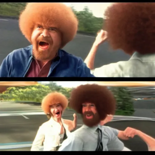 Prompt: bob ross screaming in rear view mirror road rage