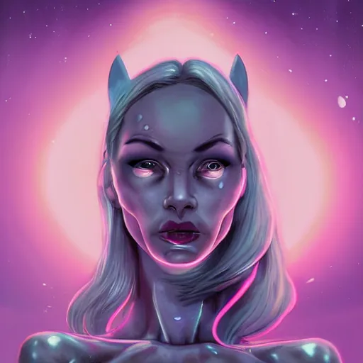 Image similar to Beautiful alien woman with gray skin. with pink eyes. Tattoos on the face. standing on the track. Night light. Digital art. Super detail, 4k, wow, artstation trending, smoke