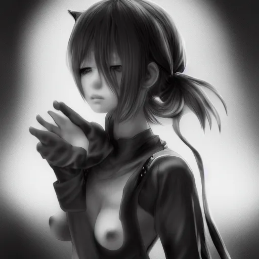 Image similar to render of a sad catgirl, black and white, cinematic, by Yoshitaka Amano, digital art, trending on artstation