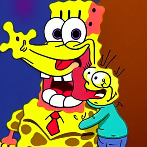 Image similar to spongebob licking a sad child, photorealistic