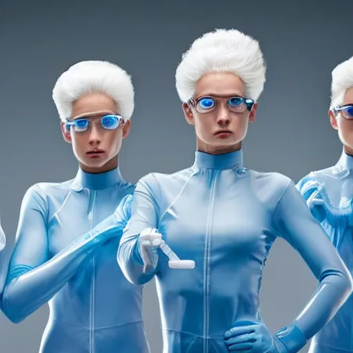 Image similar to troop of identical athletic women with white hair wearing tight light blue latex suits, in formation, futuristic chemistry lab, sci - fi, highly detailed, hyperrealistic