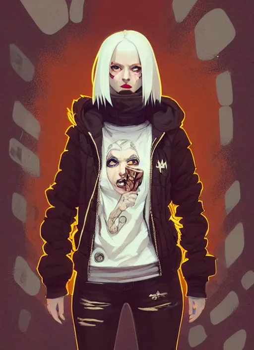 Image similar to highly detailed portrait of a sewer punk canadian lady, tartan hoody, white hair by atey ghailan, by greg rutkowski, by greg tocchini, by james gilleard, by joe fenton, by kaethe butcher, gradient red, brown, blonde cream and white color scheme, grunge aesthetic!!! ( ( graffiti tag wall background ) )