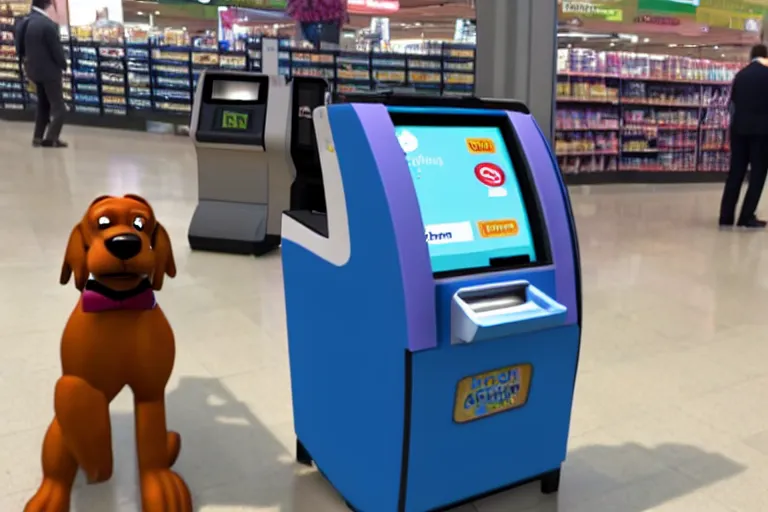 Image similar to huckleberry hound trying to use a self checkout with cash