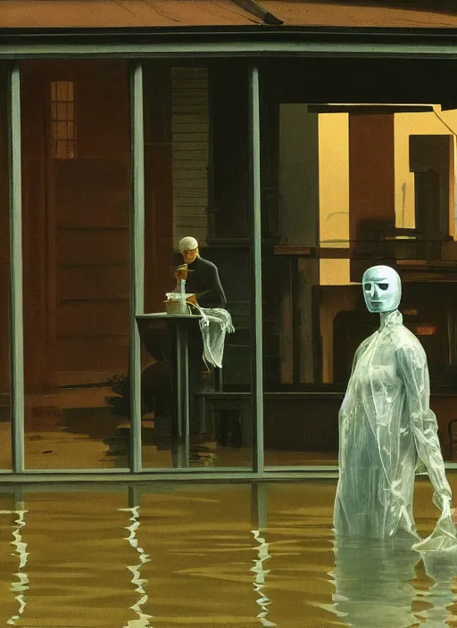 Image similar to westworld android dressed in transparent plastic bags, on flooded street Edward Hopper and James Gilleard, Zdzislaw Beksinski, highly detailed