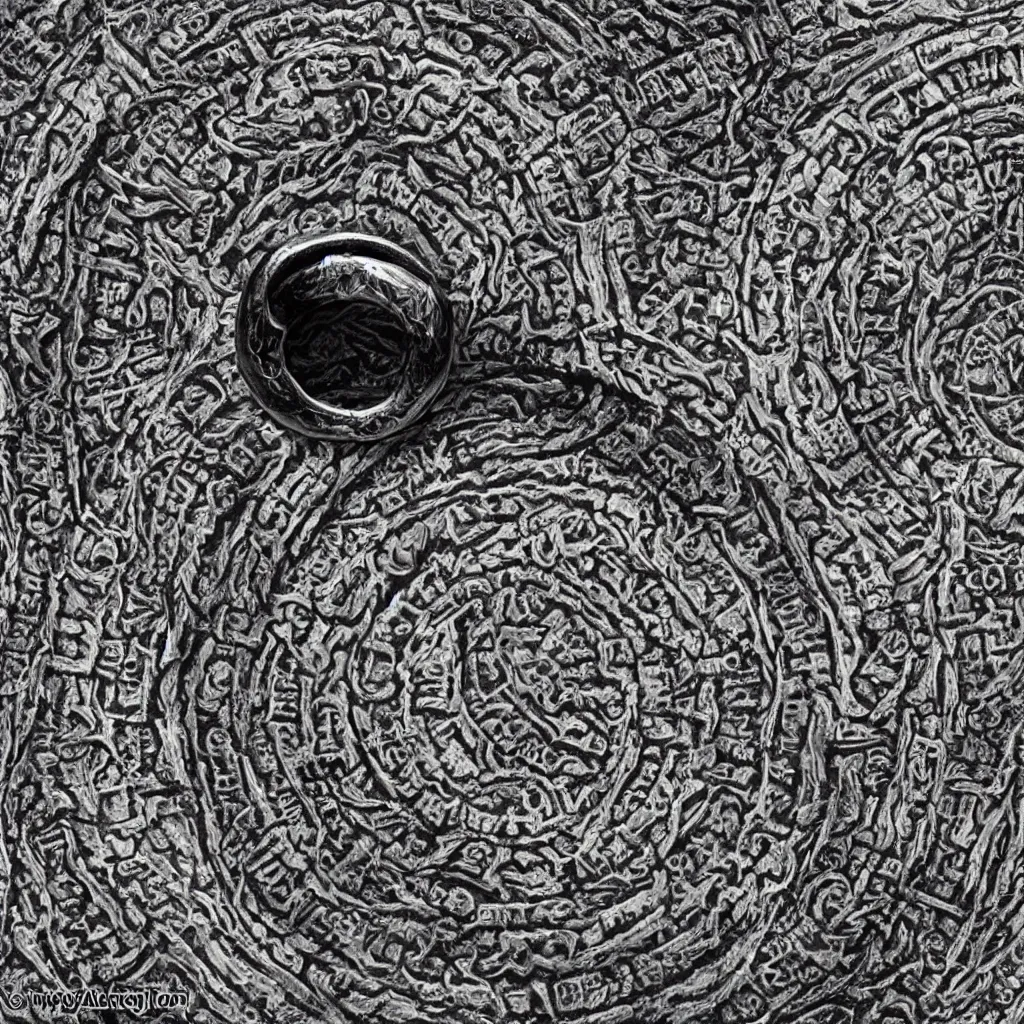 Image similar to the ring from lord if the rings with an imprinted ruler, cm scale imprinted on the inside of the ring, one ring to rule them all, highly detailed, 8 k, trending on artstation, mystic, rpg artwork