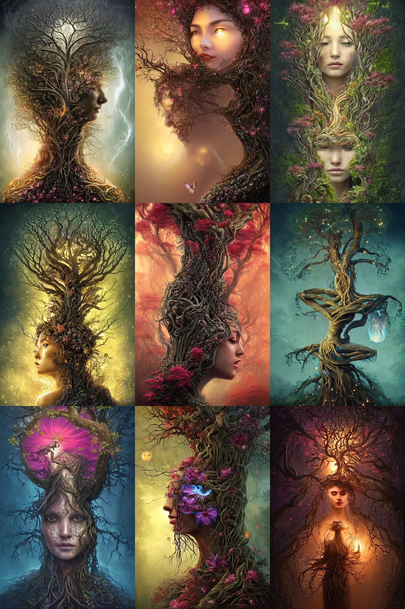 Prompt: a stunning ultra detailed fantasy fine art portrait of a tree goddess connected to sinuous barren trees, lit by glowing fireflies, surrounded by blooming hibiscus and jasmine, misty night, very detailed, sharp focus, 8 5 mm lens, soft ethereal lighting, artstation, 8 k, by tomasz alen kopera, igor morski and jim warren