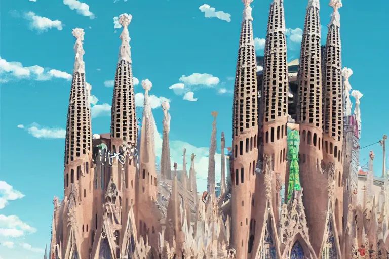 Prompt: basilica de la sagrada familia. 4 k digital paint by studio ghibli hayao miyazaki. very sharp and detailed. trending on artstation and behance.