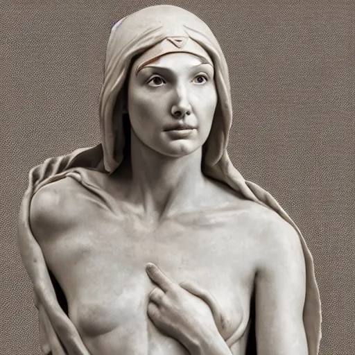 Image similar to bust sculpture of Gal Gadot as pieta, by Michelangelo, photorealism