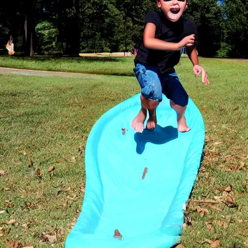 Image similar to kid going down chocolate pudding slip n slide head first, photo taken at the park