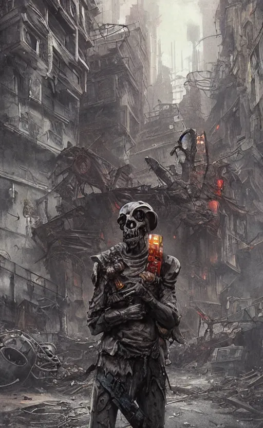 Prompt: A ghoul wearing raider gear stands in the middle of the street, ruined postapocalyptic city, science fiction, highly detailed, digital painting, artstation, concept art, illustration, art by Greg Rutkowski and alphonse mucha