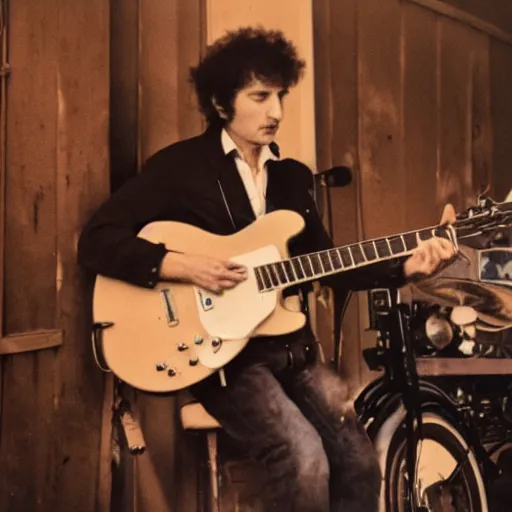 Prompt: bob dylan riding his motorcycle playing with his guitar in the fullham football club stadium, 4 k, high detail