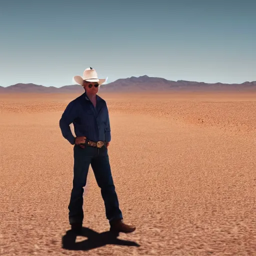 Image similar to cinematic shot of jeffery epstein wearing cowboy clothes and standing in the mojave desert, very detailed, very intricate, dslr,