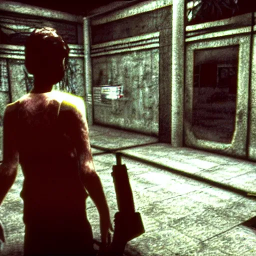 Image similar to screenshot from old playstation game, third person, horror, mohawk punk, silent hill