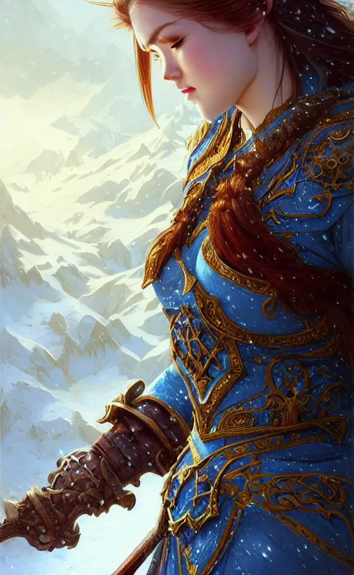 Image similar to azure viking warrior, regal, elegant, winter, snow, beautiful, stunning, hd, illustration, epic, d & d, fantasy, intricate, elegant, highly detailed, wide angle, digital painting, artstation, concept art, smooth, sharp focus, illustration, wallpaper, art by artgerm and greg rutkowski and alphonse mucha and jin xiaodi