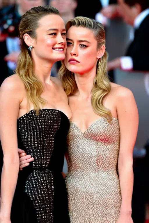 Prompt: brie larson and amber heard holding hands on the red carpet, beautiful detailed faces