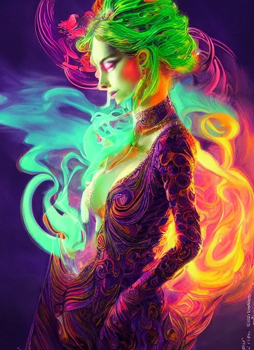 Prompt: psychedelic [ chemiluminescence ] elegant woman chakra spirit with smoke and fluid dynamics, colorful, psychedelic, ornate, intricate, digital painting, concept art, smooth, sharp focus, illustration, blacklight reacting, art by artgerm and greg rutkowski