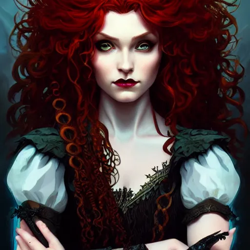 Image similar to a dark gothic version of Princess Merida, face, fantasy, intricate, elegant, highly detailed, digital painting, artstation, concept art, smooth, sharp focus, illustration, art by Cynthia Shephard and Fernanda Suarez and Artem Demura and alphonse mucha