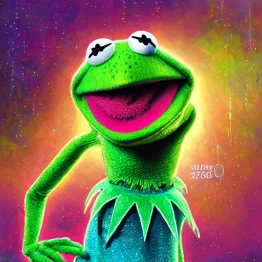 Image similar to ultra detailed illustration of Kermit the Frog from Sesame Street covered in a sea of iridescent liquid by nekro, Karol Bak, colorful, vivid colors, 8k, coherent, anime vibes, uplifting, magical composition, artstation, synthwave, 8k, coherent, artgerm, uplifting, unreal engine, magical composition, artstation