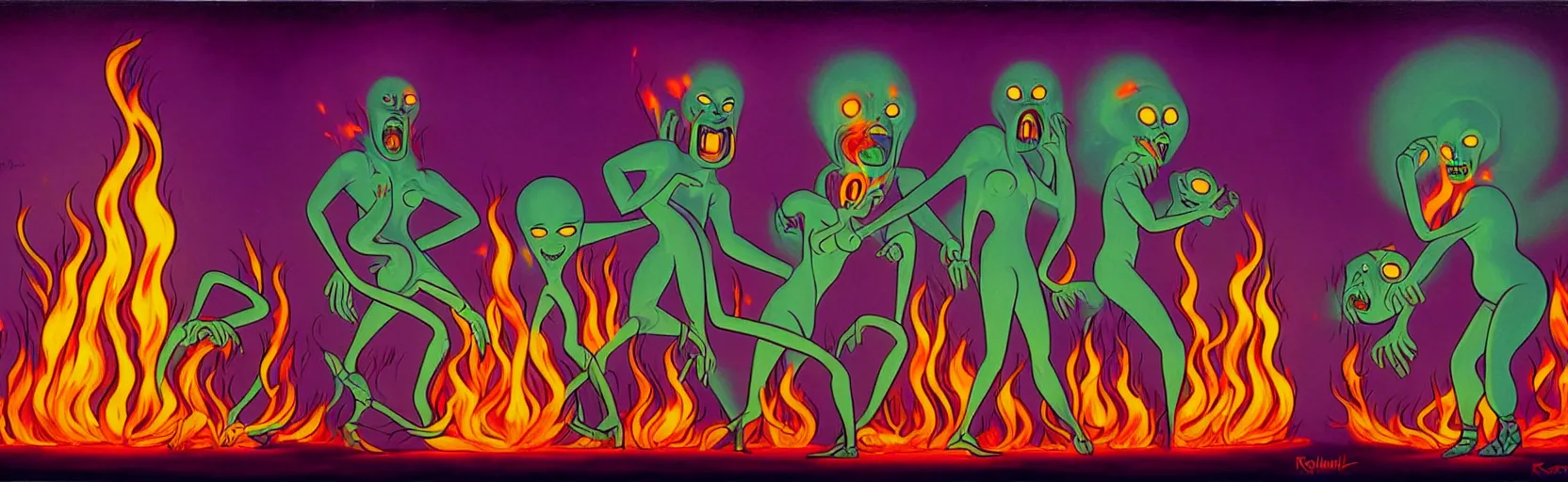 Image similar to uncanny repressed mutants from the depths of a festive imaginal realm in the collective unconscious, dramatic fire glow lighting, surreal dark 1 9 3 0 s fleischer cartoon characters, surreal painting by ronny khalil