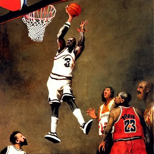 Prompt: Rembrandt painting of Michael Jordan dunking a basketball