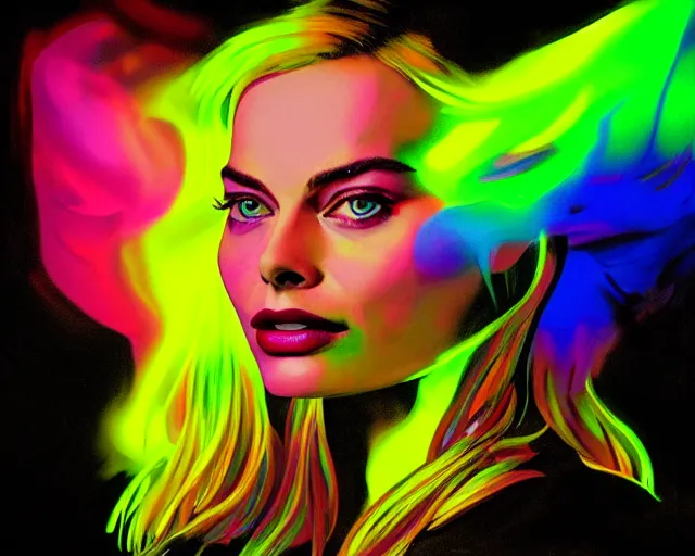 Image similar to margot robbie as neon art, hyper detailed, award winning