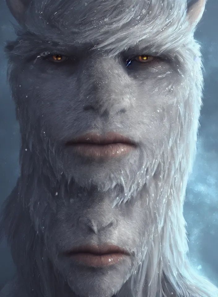 Image similar to a face portrait of a furry ice troll from skyrim, fantasy setting, beautiful face, serene colors, soft lighting, atmospheric, cinematic, moody, in the style of diego koi, gina heyer, luiz escanuela, art by alyssa monk, hyperrealism, rule of thirds, golden ratio, oil on canvas, 8 k