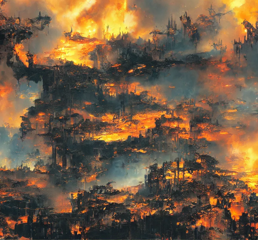 Image similar to scenary, scary, nightmare, matte painting, fiery hell, john berkey