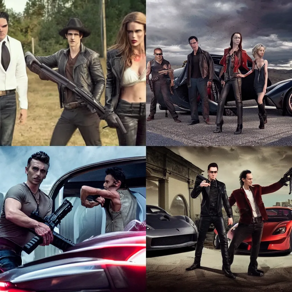 Prompt: Still from Vampires Holding Guns Next To Fast Cars Movie, poor quality, well lit, heavily downvoted, haphazardly executed, top earning movie 2023