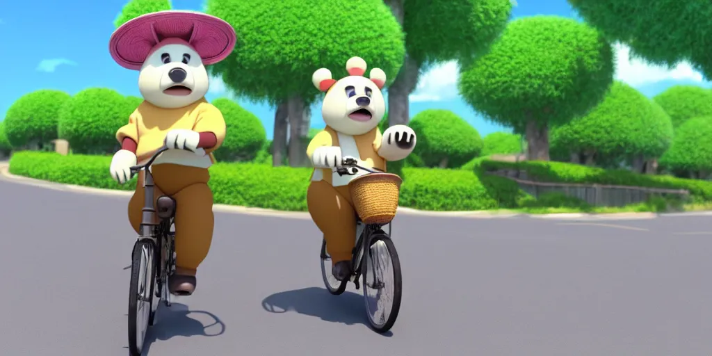 Image similar to shot of a cute bear on a bike wearing a sunhat studio ghibli pixar disney animation sharp render