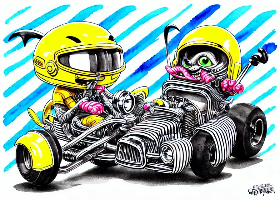 Image similar to cute and funny, ( stripe gremlin ) wearing a helmet riding in a hot rod with oversized engine, ratfink style by ed roth, centered award winning watercolor pen illustration, isometric illustration by chihiro iwasaki, edited by range murata, tiny details by artgerm and watercolor girl, symmetrically isometrically centered