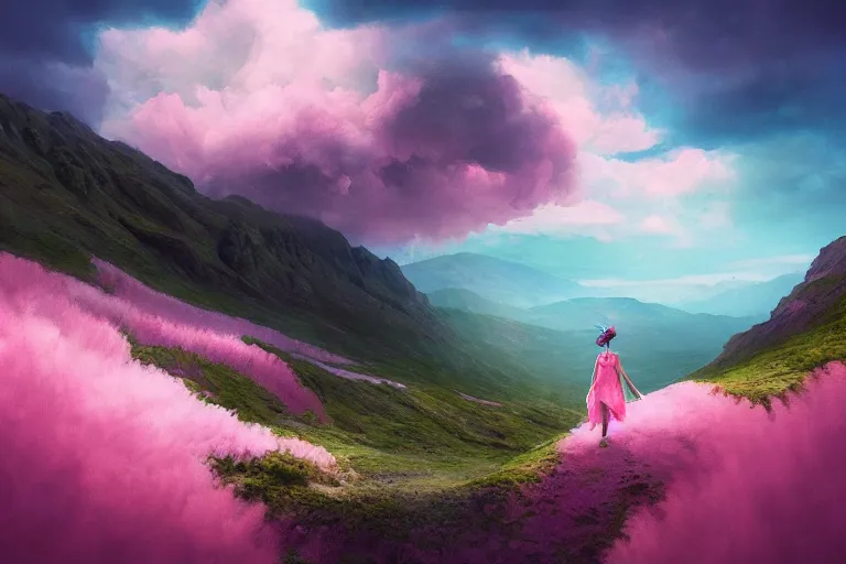 Prompt: giant dahlia flower crown on head, girl walking on mountain, surreal photography, pink storm clouds, dramatic light, impressionist painting, digital painting, artstation, simon stalenhag