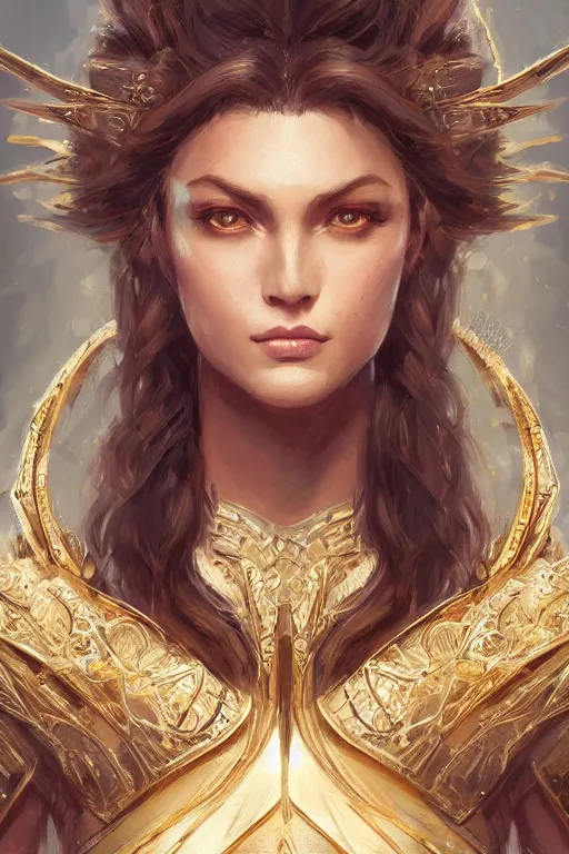 Image similar to three-quarters portrait pose of a beautiful woman, strong body, shining gold armor, human warrior, fantasy, intricate, elegant, highly detailed, digital painting, artstation, concept art, matte, sharp focus,D&D, illustration, art by Stanley Lau