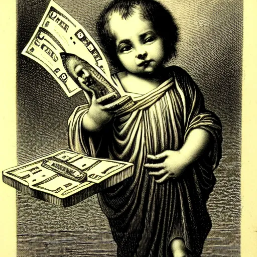 Image similar to baby smoove holding stacks of cash, biblical image, style of gustave dore, highly detailed, beautiful, high contrast, black and white