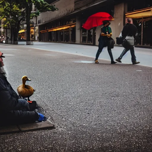 Prompt: A duck staring at a homeless person, cinematic, professional photography,