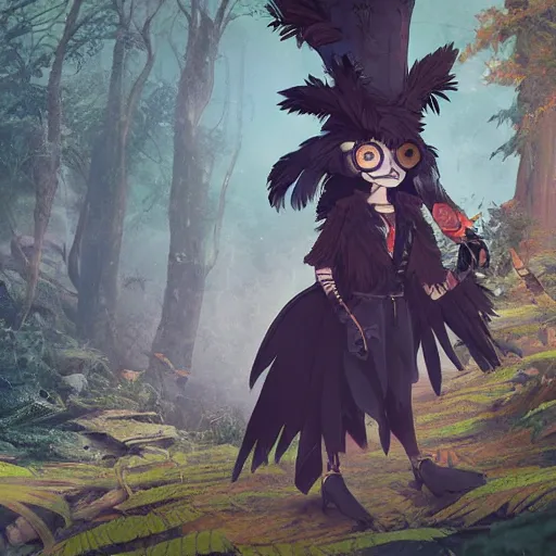 Image similar to concept art painting of an anthropomorphic crow person with steampunk clothes, in the deep forest, realistic, detailed, cel shaded, in the style of makoto shinkai and greg rutkowski and james gurney