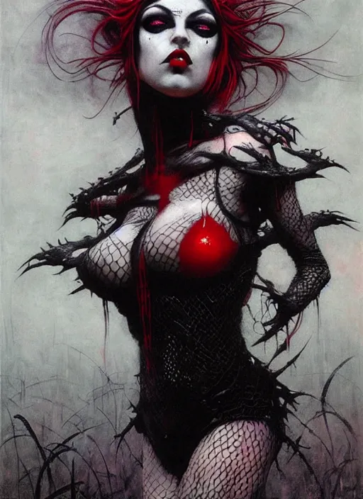 Prompt: cosplay goth female, fishnet, worksafe, light gray eyes, red lips, black hair, body fully covered with tattoos, fishnet clothes, beautiful detailed face, paint by frank frazetta and greg staples, gothic, gothic, rich deep colors. beksinski painting, part by adrian ghenie and gerhard richter. art by takato yamamoto. masterpiece