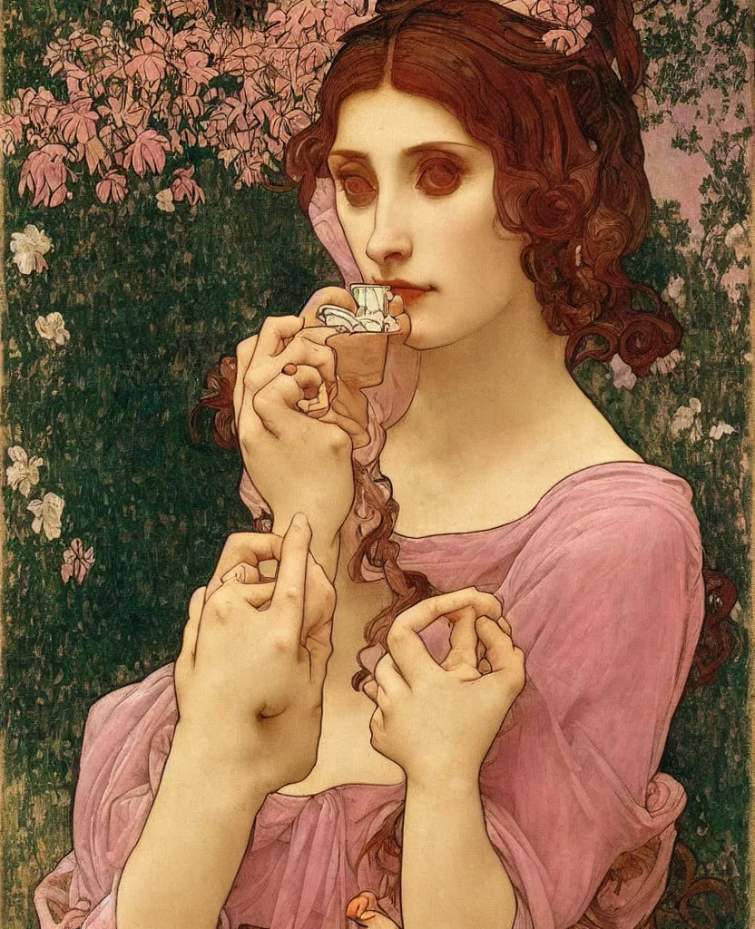 Image similar to a beautiful arrogant surreal greek lady drinking tea looking disdained, rennaisance painting, whimsical, pastel pink color palette, by leonardo da vinci and alphonse mucha