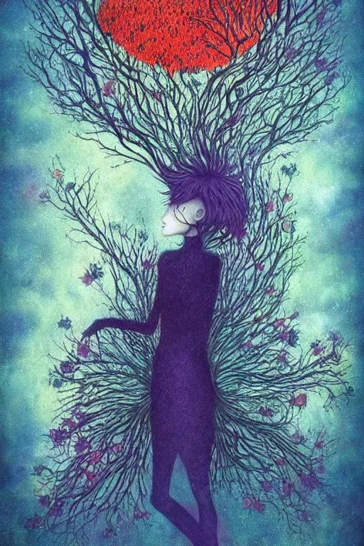 Image similar to surreal neil gaiman's sandman, dream, nostalgia for a fairytale, magic realism, goth flowerpunk, mysterious, vivid colors, by andy kehoe, amanda clarke