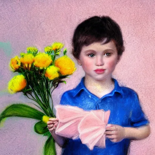 Prompt: a young boy is holding a bouquet of flowers, a pastel by bourgeois, pixabay, art & language, stockphoto, vray