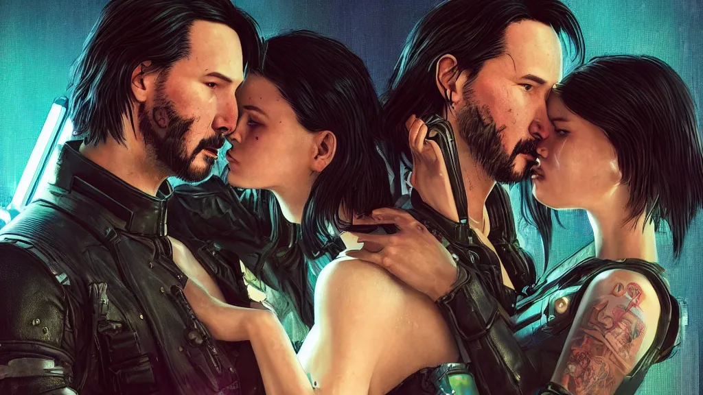 Prompt: a cyberpunk 2077 srcreenshot couple portrait of Keanu Reeves&female android in final kiss,love,film lighting,by Laurie Greasley,Lawrence Alma-Tadema,Dan Mumford,John Wick,Speed,Replicas,artstation,deviantart,FAN ART,full of color,Digital painting,face enhance,highly detailed,8K,octane,golden ratio,cinematic lighting