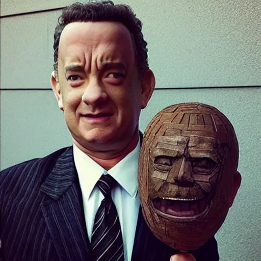 Prompt: “ tom hanks replaced his head with a paper mache replica ”