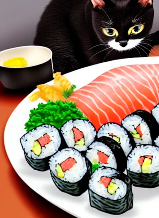 Prompt: clear photorealistic picture of adorable cats eating sushi