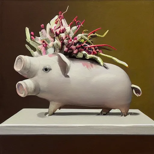 Image similar to “pig paintings and pig sculptures in a pig art gallery, pork, ikebana white flowers, white wax, squashed berries, acrylic and spray paint and oilstick on canvas, by munch and Dali”