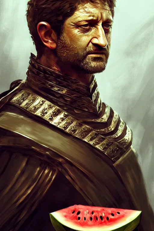 Prompt: portrait gerard butler as a greek king sitting on a watermelon, greek, intricate, headshot, key visual, conceptart, ambient lighting, highly detailed, digital painting, artstation, concept art, sharp focus, by makoto shinkai and akihiko yoshida and greg manchess