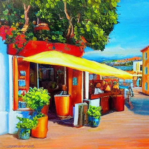 Prompt: small cafe in italy, capri coast, sea, sunny day, summer, clouds on the sky, oil painting style,