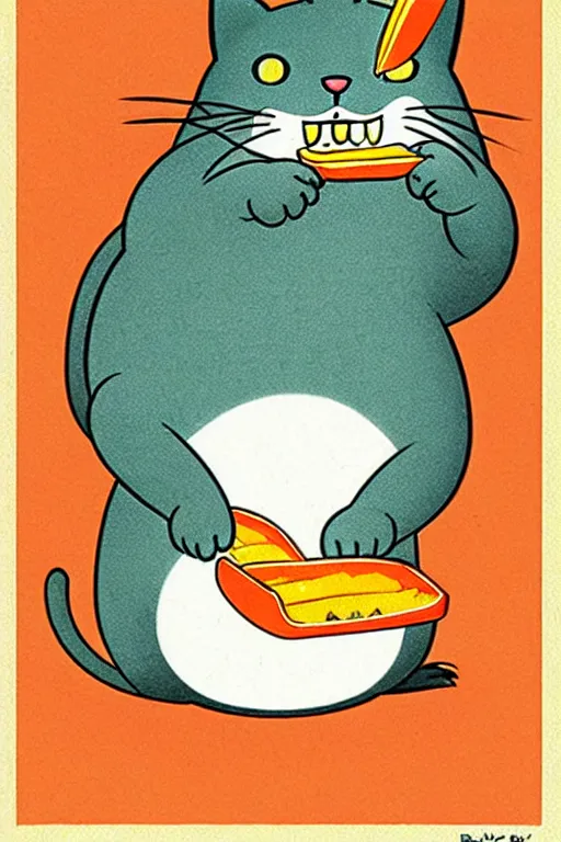 Image similar to by richard scarry. happy cat eating a carrot. a 1 9 5 0 s retro illustration. studio ghibli. muted colors, detailed