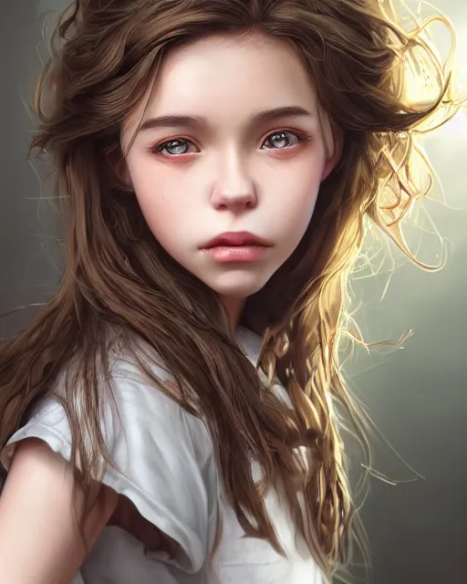 Prompt: portrait of 1 5 - year old girl with lush frizzy untamable brown hair, large front teeth, and bright piercing brown eyes, hyper realistic face, beautiful eyes, character art, art by artgerm lau and wlop and and ilya kuvshinov and john singer sargent, hyperdetailed, cryengine, trending on artstation, wizard, digital art